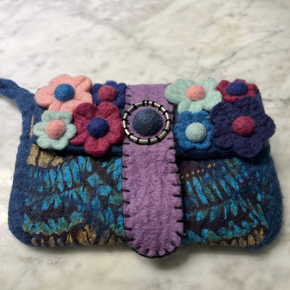 Rising Tide Purple and Blue Floral Wool Made in Nepal Wristlet